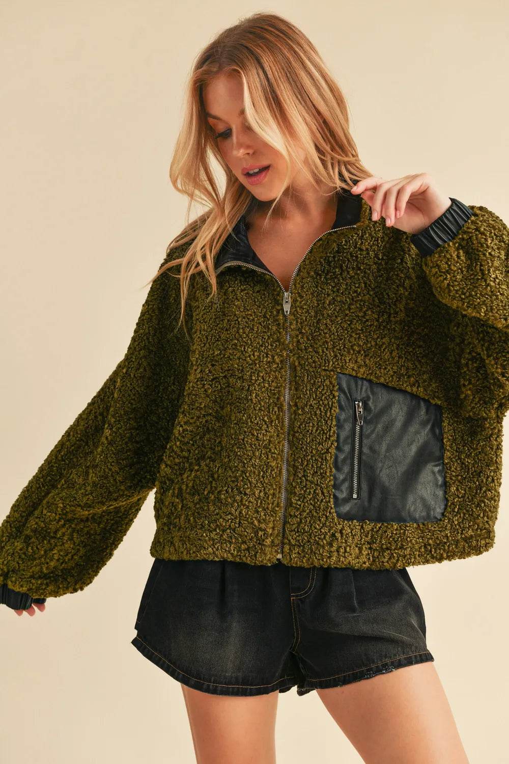 Aemi + Co Collared Neck Zip Up Sherpa Jacket