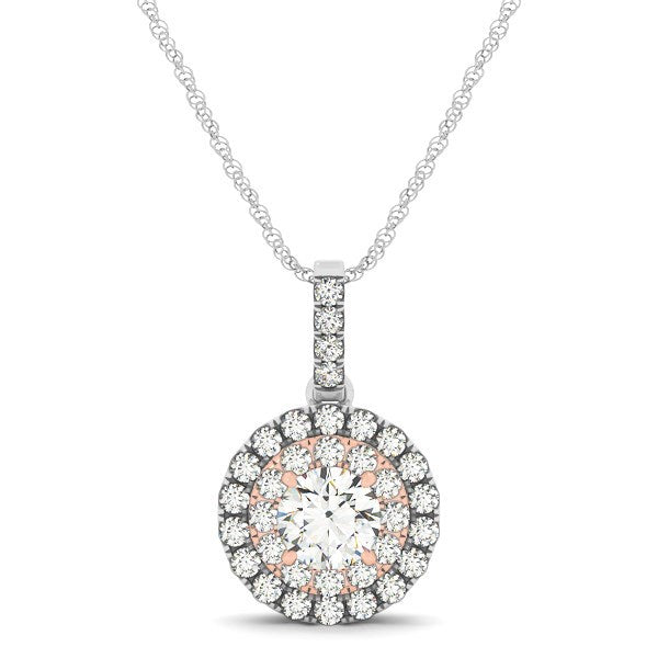 Round Shape Halo Diamond Pendant in 14k White and Rose Gold (1/2 cttw)