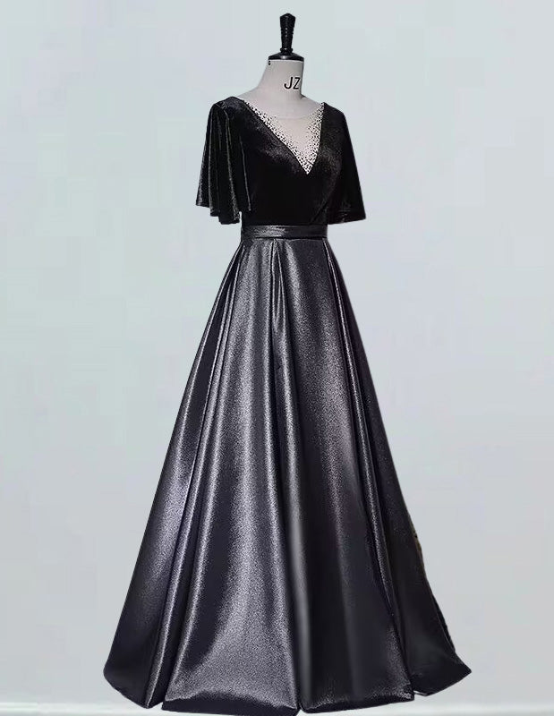 Velvet V-Neck Evening Gown | Beaded Prom & Bridesmaid Dress | Elegant Formal Attire