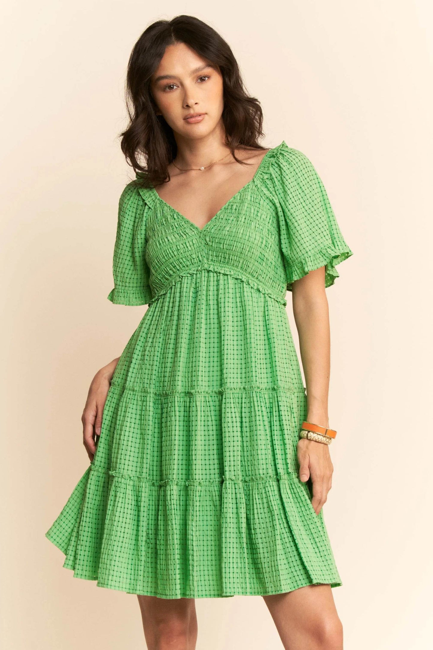 Davi & Dani Jacquard Checker Smocking Tiered Dress