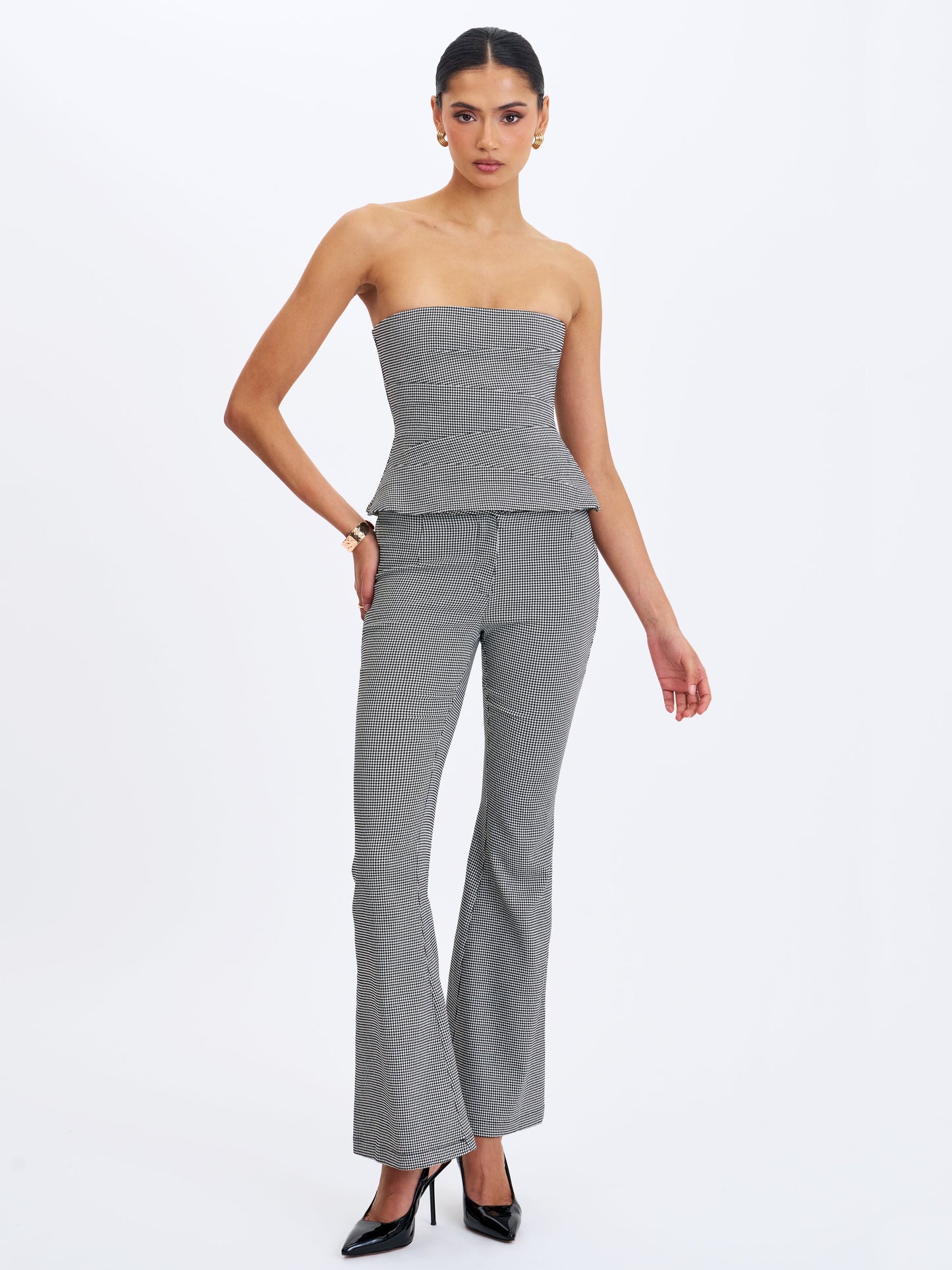 Ulla Micro-Houndstooth Strapless Peplum Top