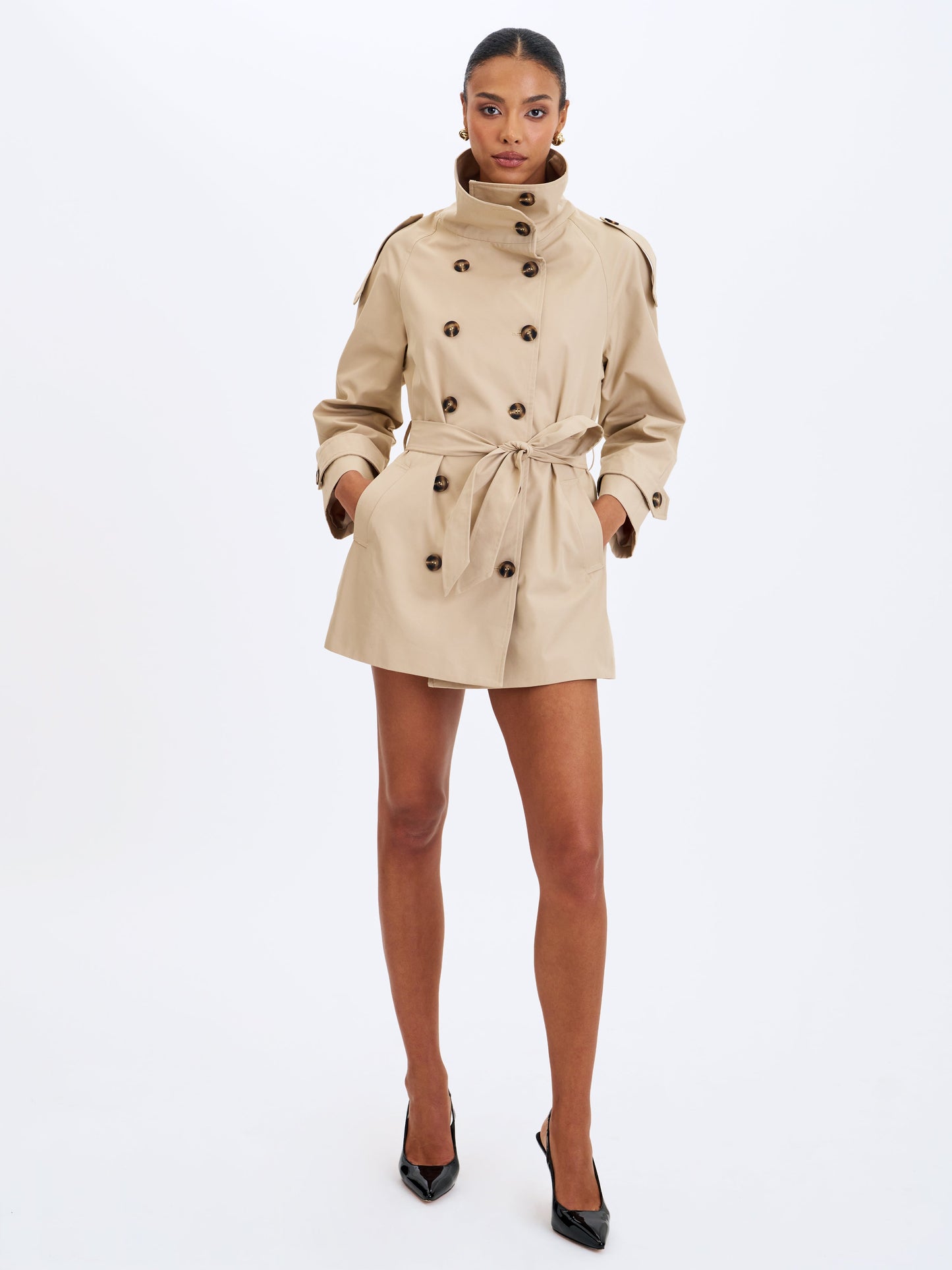 Vanetta Tan High Collar Double-Breasted Trench Mini Coat