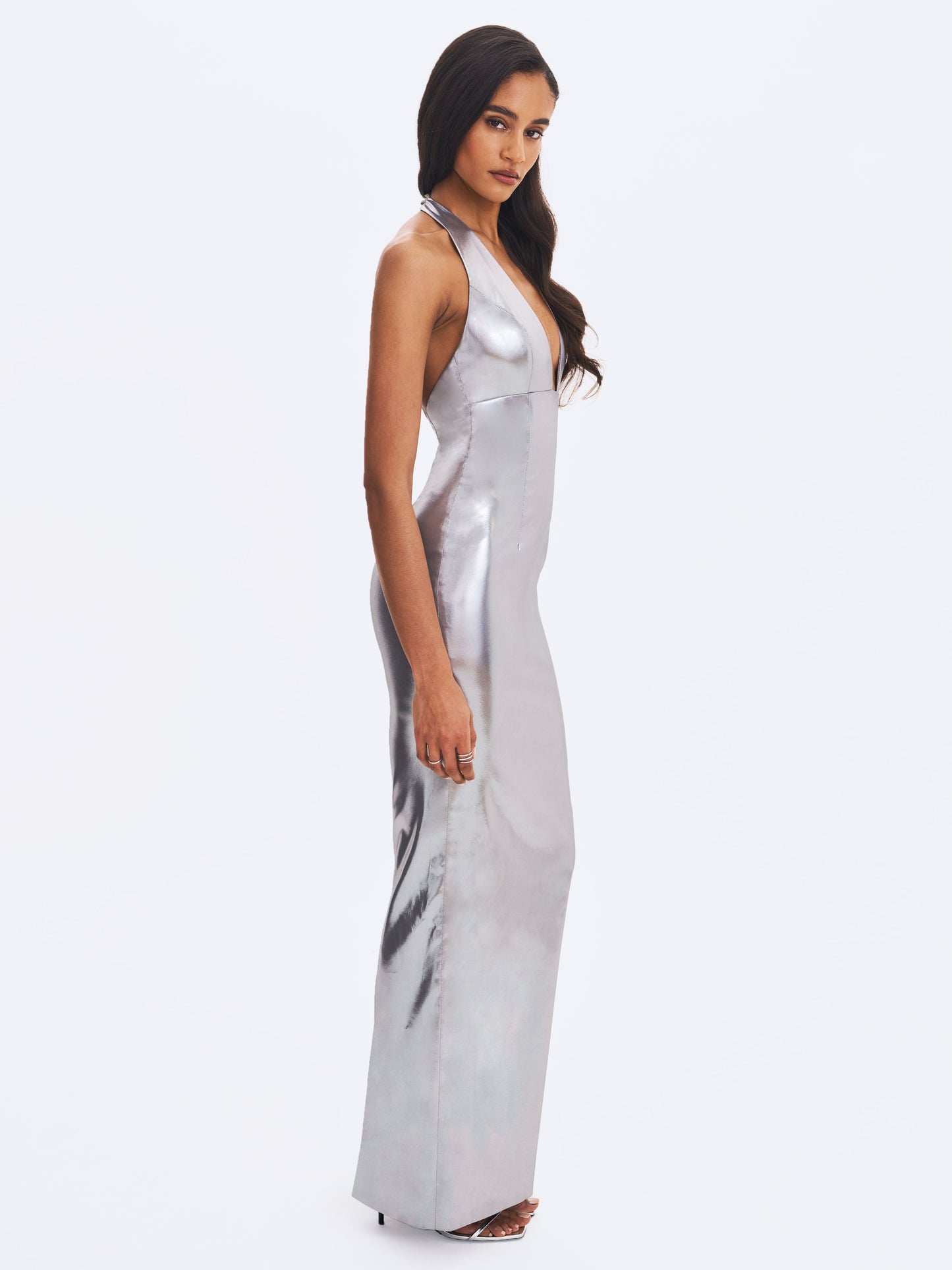 Valeska Silver Foil Plunging Sheath Maxi Dress