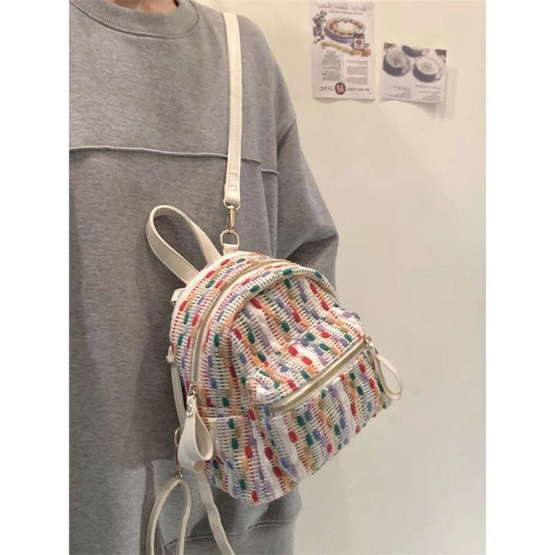 Rainbow Knit Mini Backpack – Stylish Spring and Summer Travel Backpack Purse, Fashionable Mini Backpack for Everyday Use