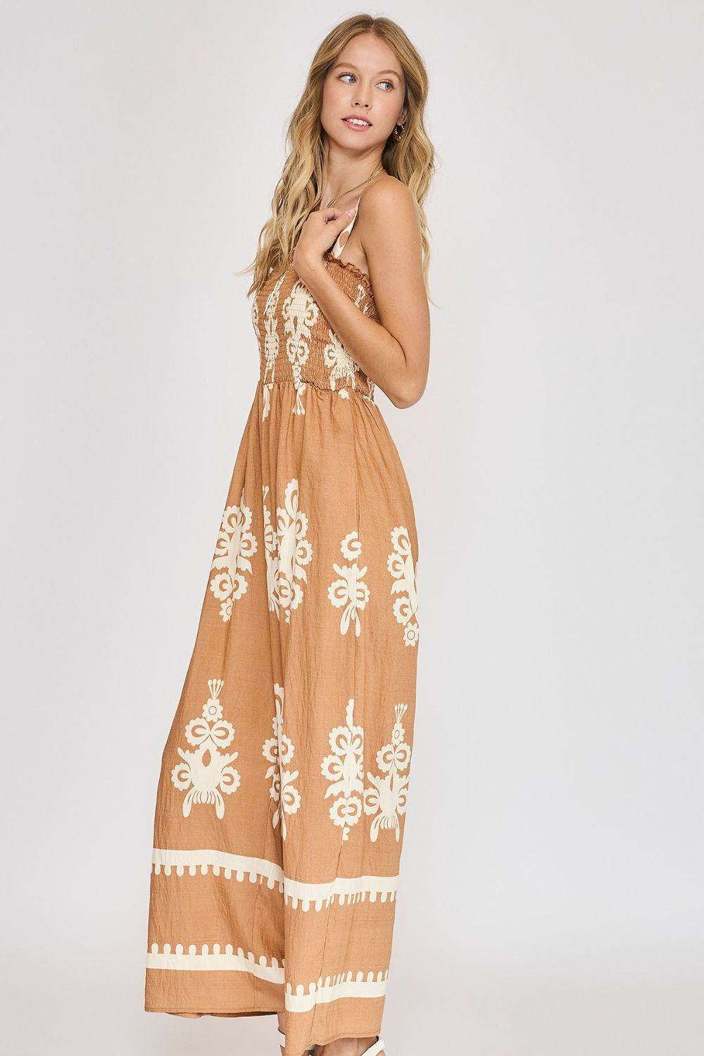 Umgee Full Size Smocked Printed Wide Leg Jumpsuit Plus Size