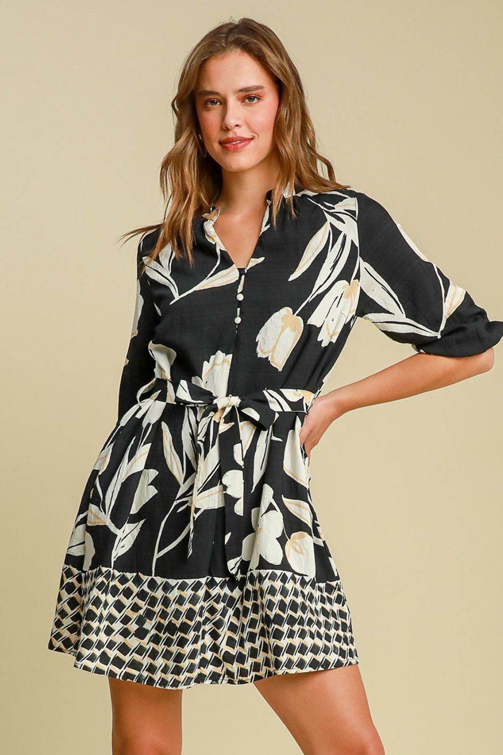 Umgee Full Size Floral Print Notched Tie Waist Mini Dress Plus Size