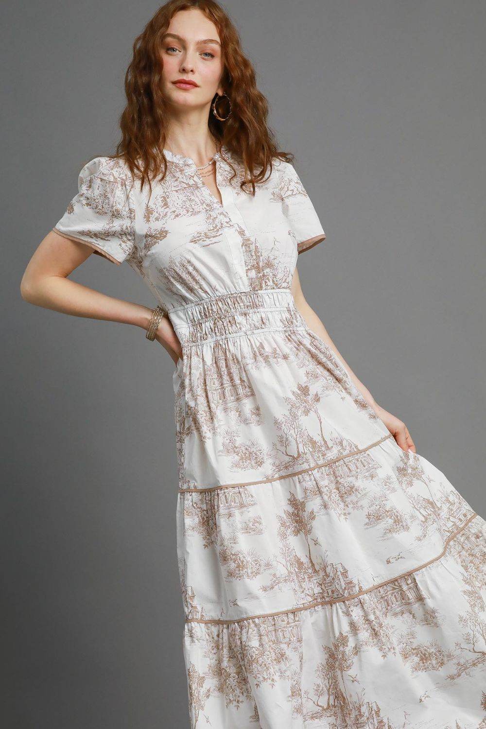 Umgee Full Size Landscape Print Short Sleeve Tiered Maxi Dress Plus Size