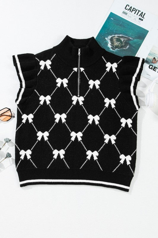 Bow Colorblock Quarter-Zip Collared Sweater