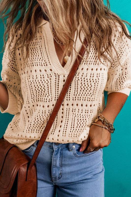 Loretta Turn-down Collar Hollowed Knit Short Sleev