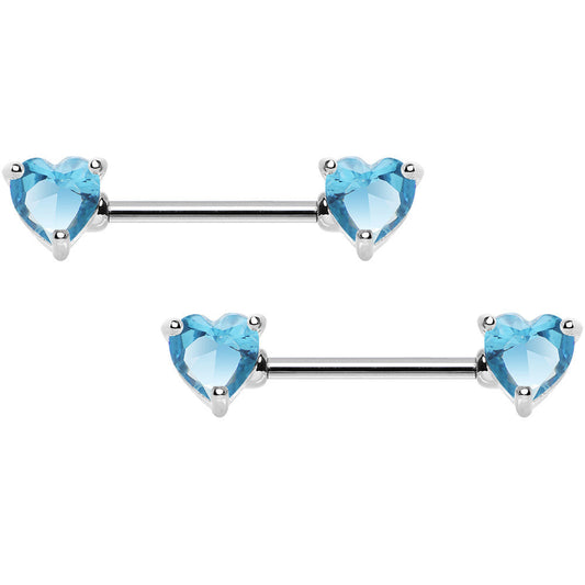 Aqua Cubic Zirconia Heart Front Gem Nipple Barbell Set