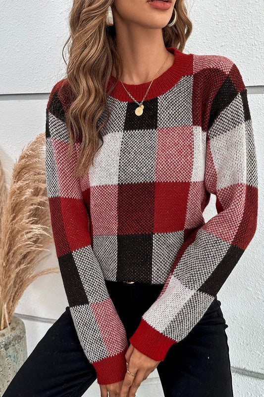 Plaid Print Round Neck Knit Loose Fit Sweater
