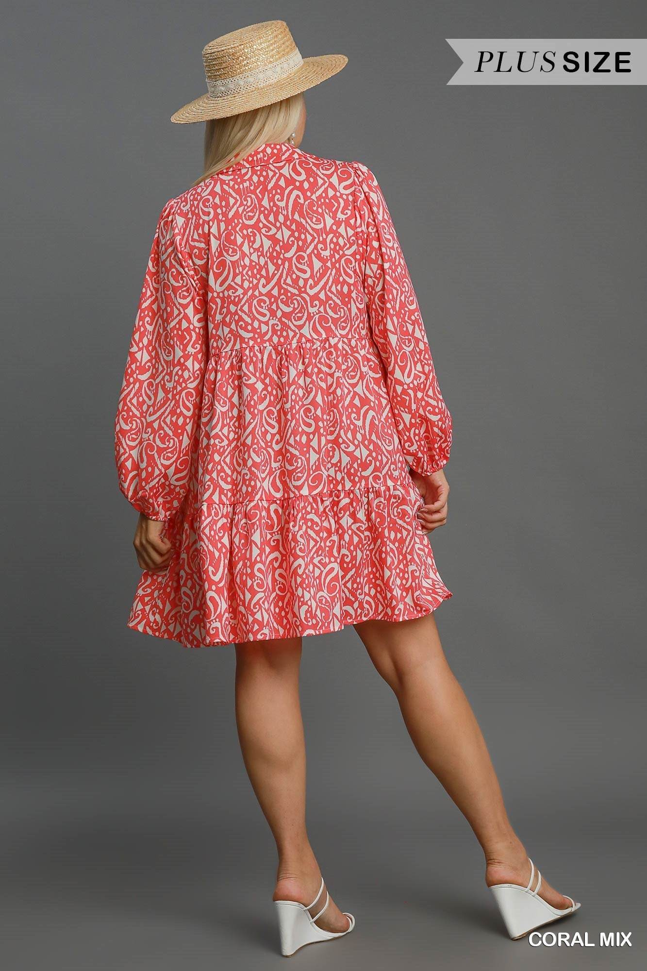Umgee Full Size Two Tone Print Balloon Sleeve Tiered Dress Plus Size