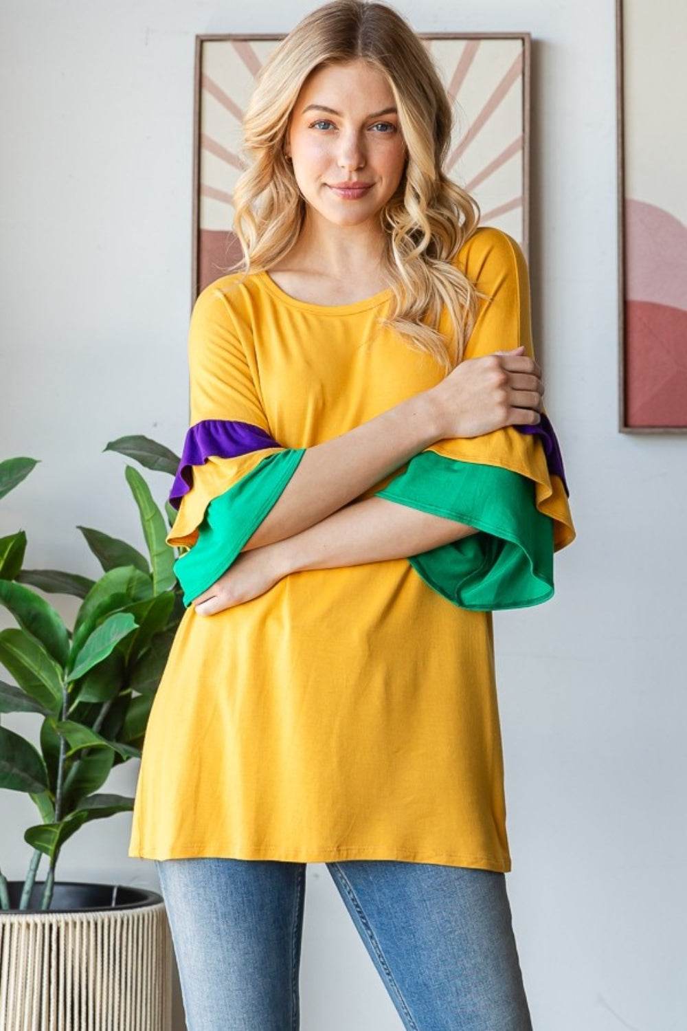Heimish Full Size Round Neck Color Block Ruffled Half Sleeve Top Plus Size