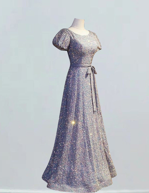 Women's Elegant Grey Sequin Prom Dress | Scoop Neck, Short Sleeve Evening Gown