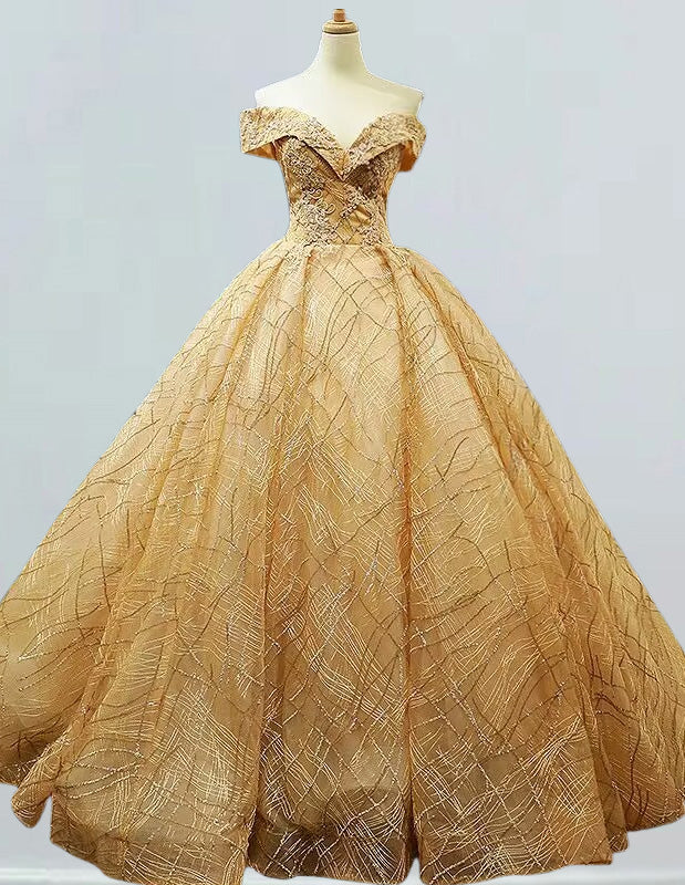 Gold Sequin Off-Shoulder Prom Dress with Lace Applique | Elegant Evening Gown