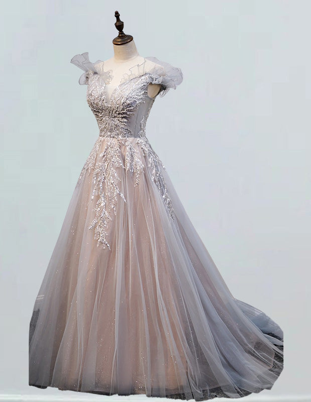 Women's Elegant V-Neck Beaded Lace Tulle Evening Ball Gown | Prom & Bridesmaid Dress