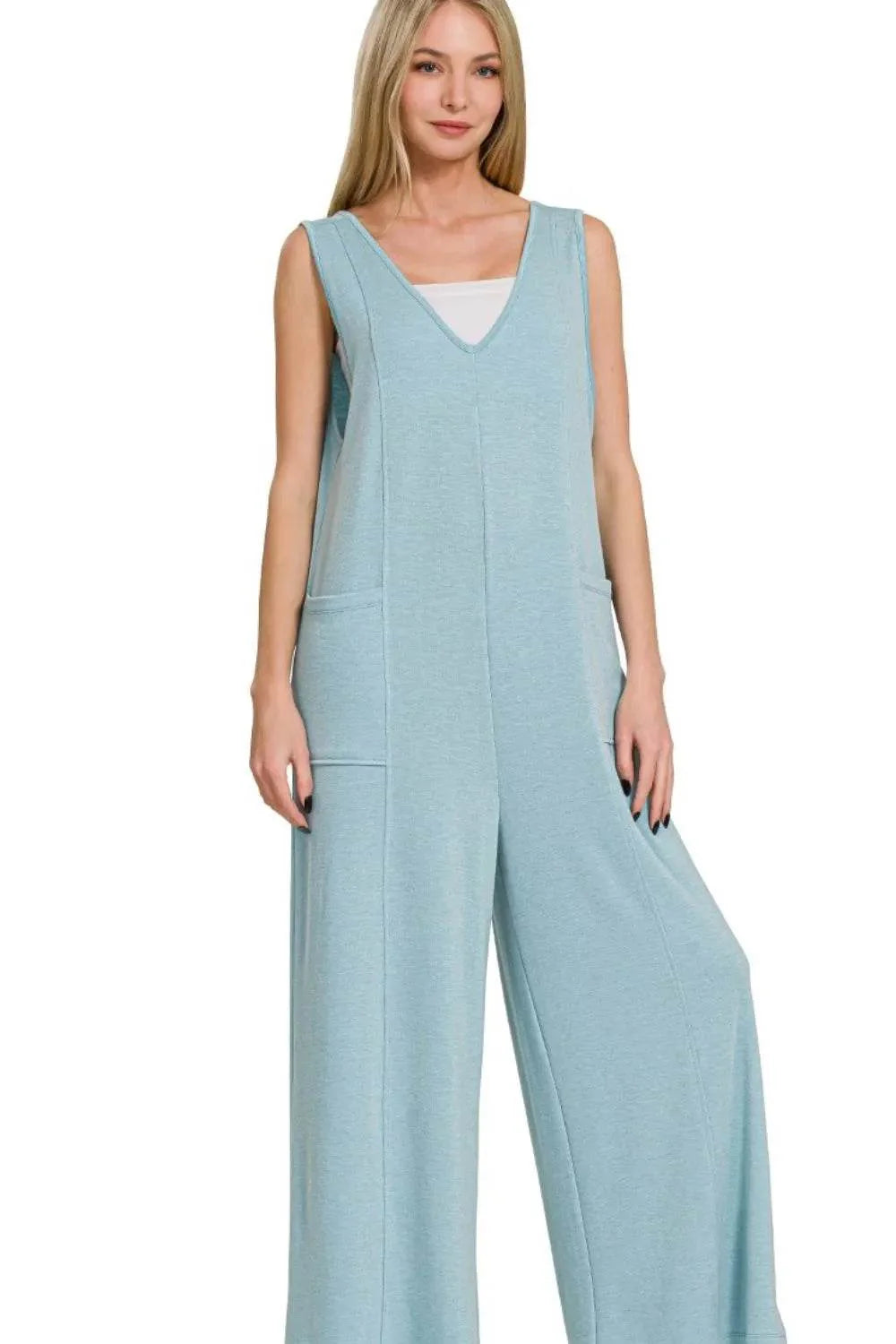 Zenana French Terry Deep V Neck Jumpsuits