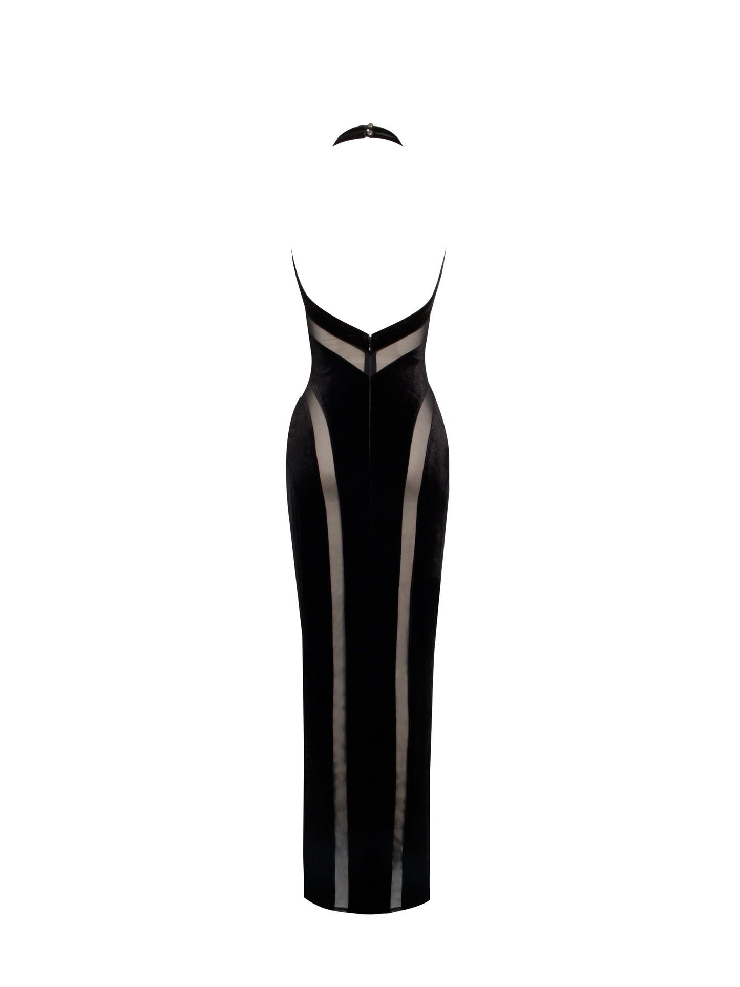 Paityn Black Velvet Mesh Cutout Halter Gown