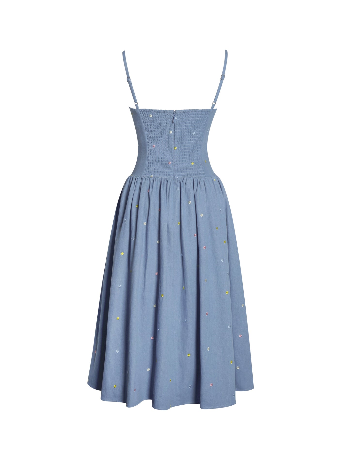 Zadie Cotton Denim Drop Waist Embroidery Flower Midi Dress