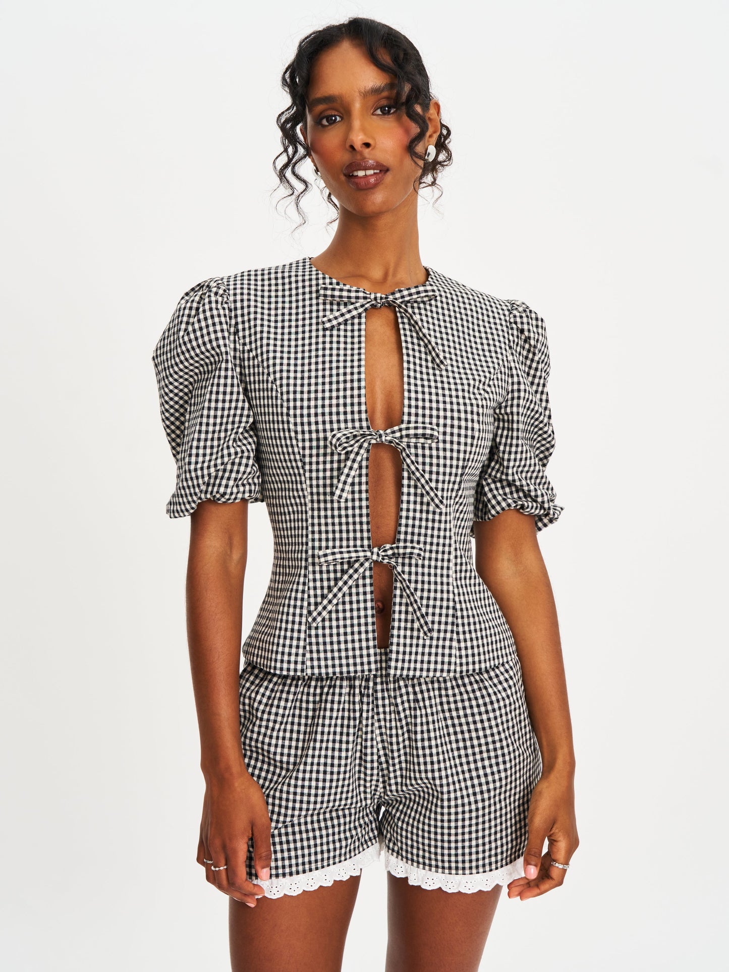 Qutayla Black Gingham Lace Trim Shorts