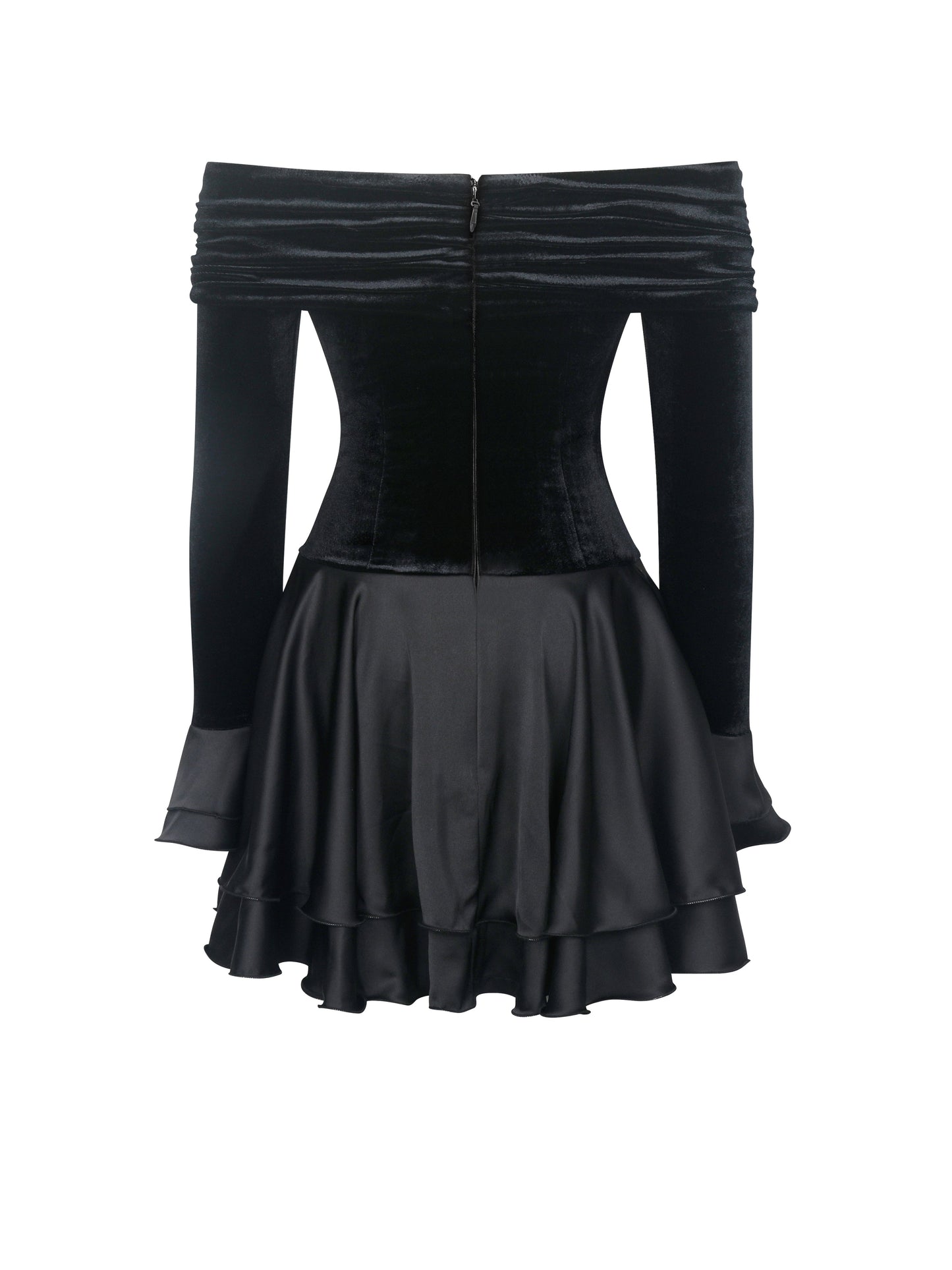 Magnolia Black Off-Shoulder Layered Satin Mini Dress