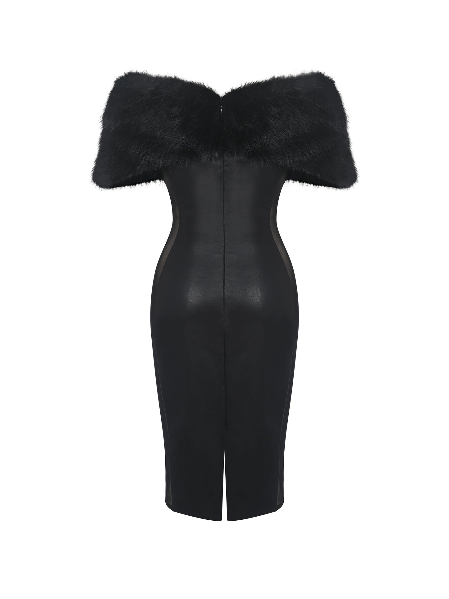 Bellis Black Fur Trim Mesh Panel Off-Shoulder Midi Dress