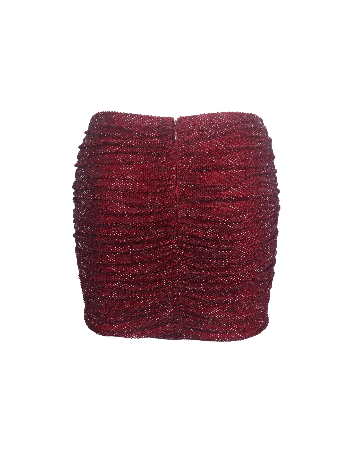Darleen Crimson Rhinestone Mesh Low Waist Ruched Skirt