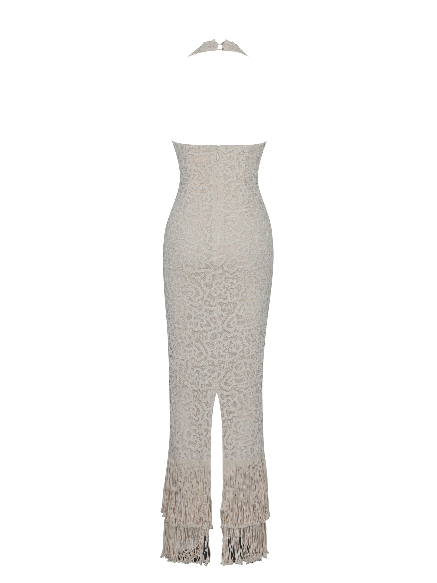 Faelyn Off-White Double Fringe Crochet Halter Maxi Dress