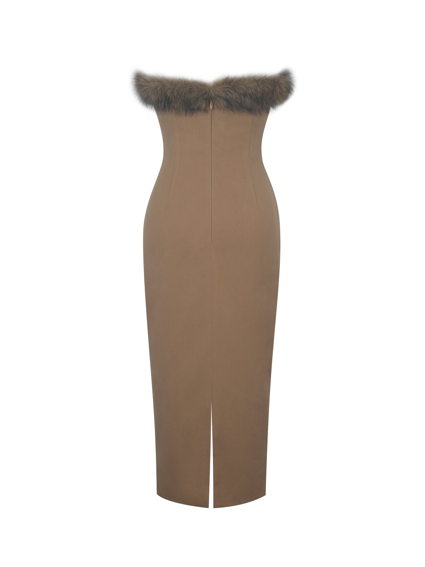 Rayanne Chestnut Strapless Fur-Trimmed Sweetheart Midi Dress