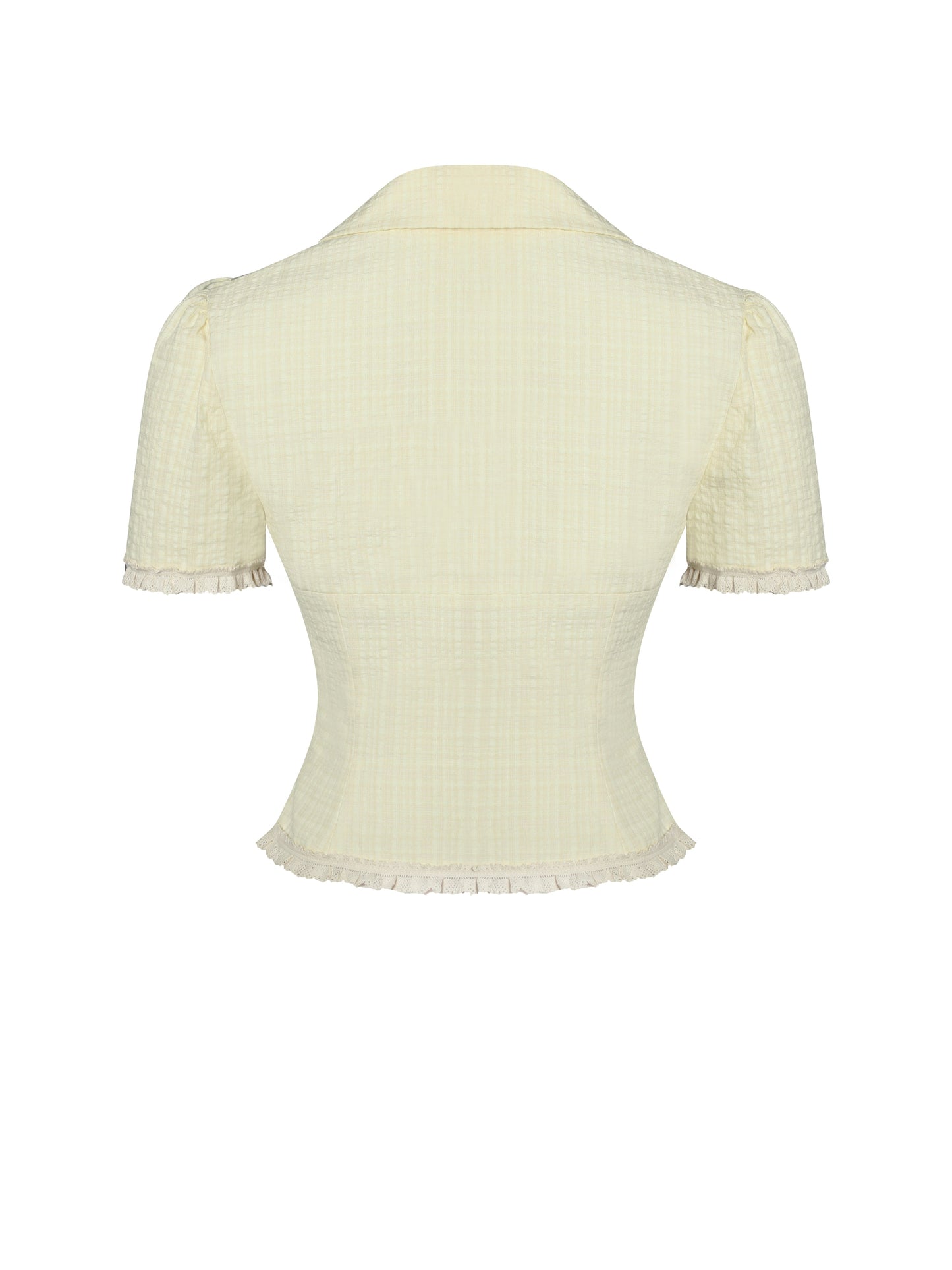 Odelia Yellow Lace Trim Seersucker Button Up Top
