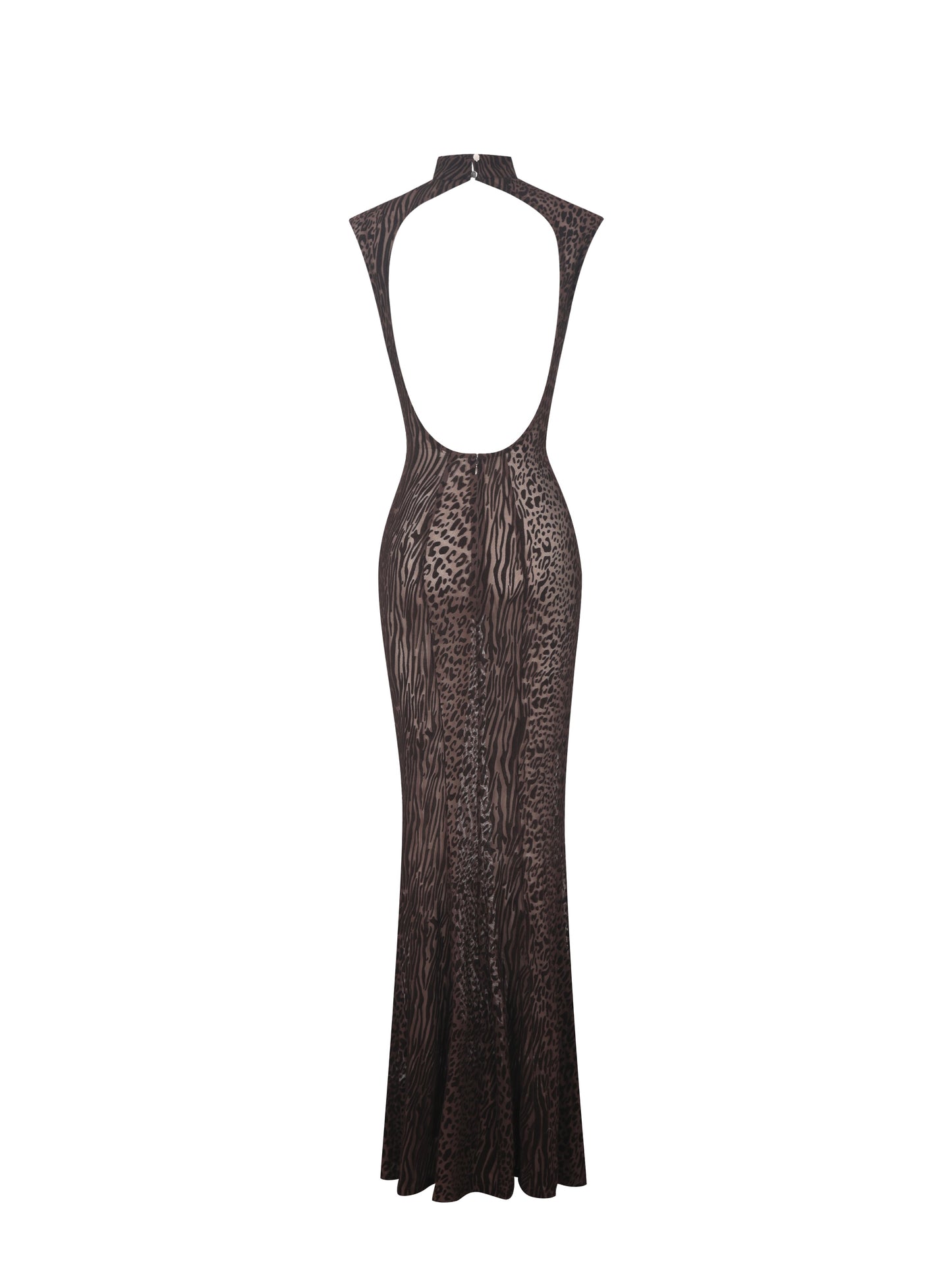 Tyanna Mocha Burnout Velvet Mesh Backless Mermaid Maxi Dress