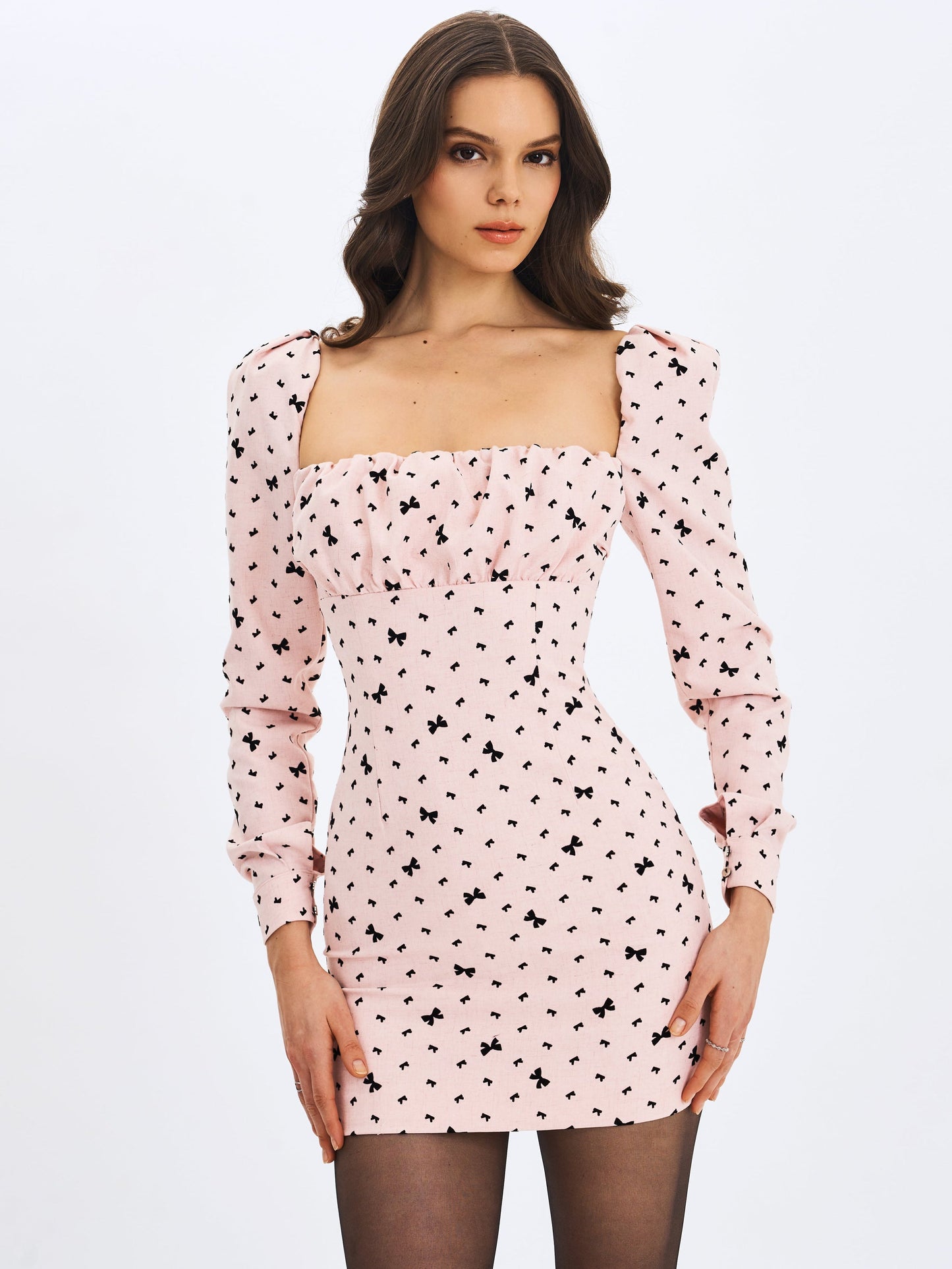 Perla Baby Pink Ruched Bust Velvet-Embossed Bow Mini Dress