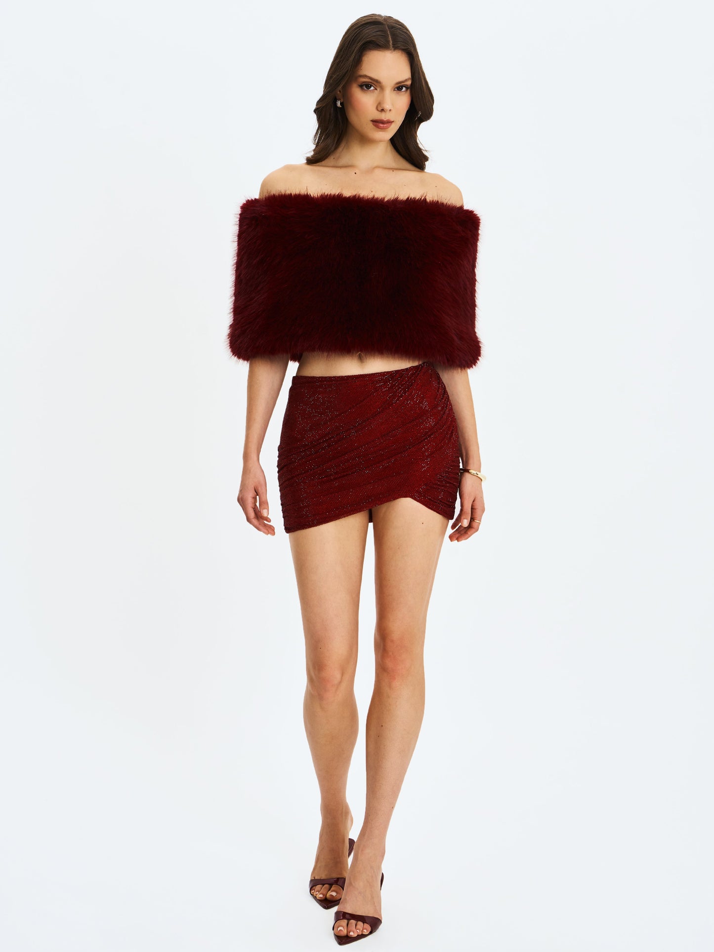 Darleen Crimson Rhinestone Mesh Low Waist Ruched Skirt