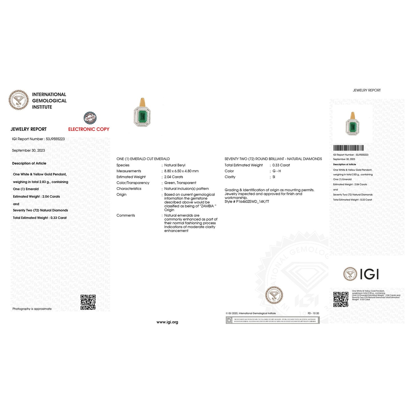 IGI Certified 2.37 Carat Genuine Zambian Emerald and White Diamond 14K Yellow & White Gold Pendant