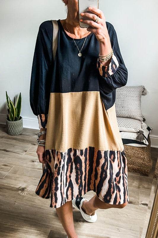 Women Colorblock Bishop Sleeve Mini Dress