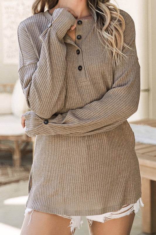 Evie Rib Textured Henley Knit Top