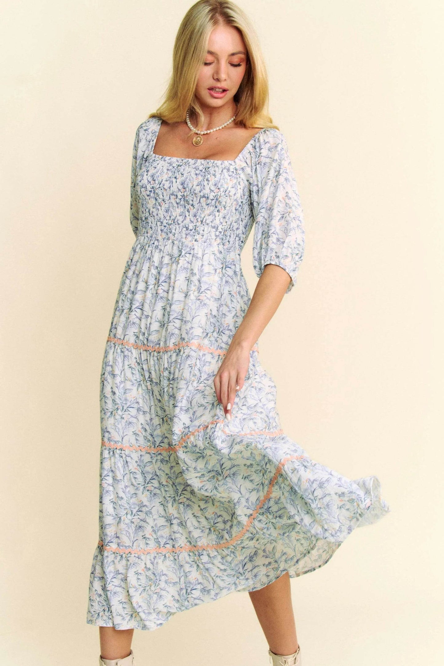 Davi & Dani Contrast Ric Smocking Bodice Tiered Midi Dress