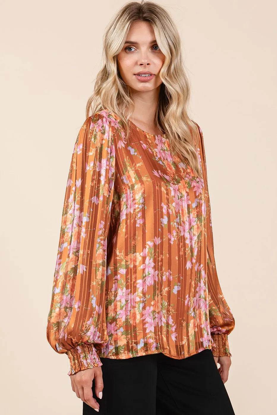 Mittoshop Satin Gold Lurex Striped Long Sleeve Chiffon Top