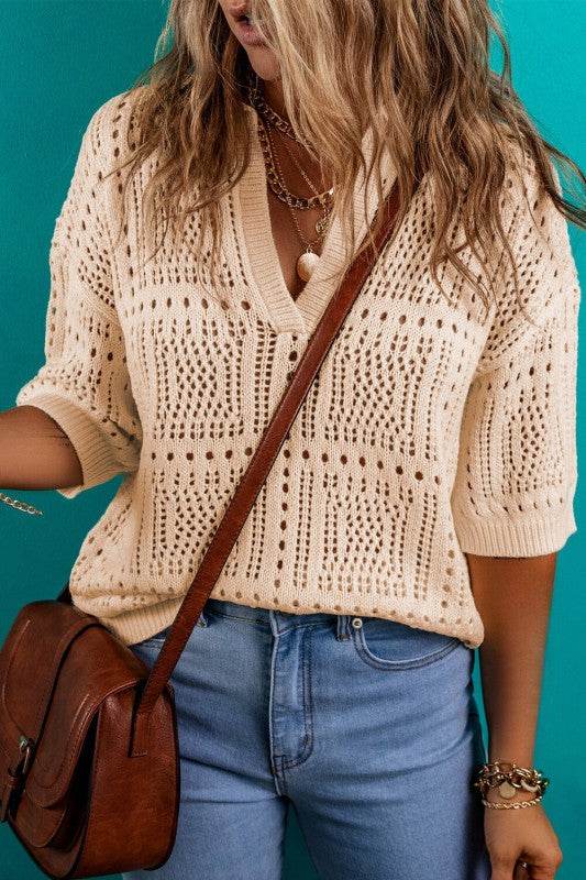 Loretta Turn-down Collar Hollowed Knit Short Sleev