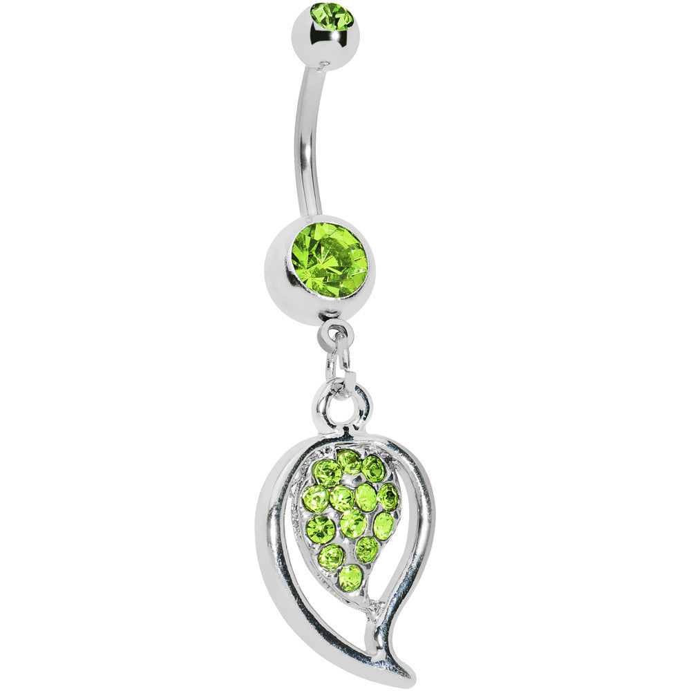 Peridot Green Gem Stylish Paved Leaf Belly Ring
