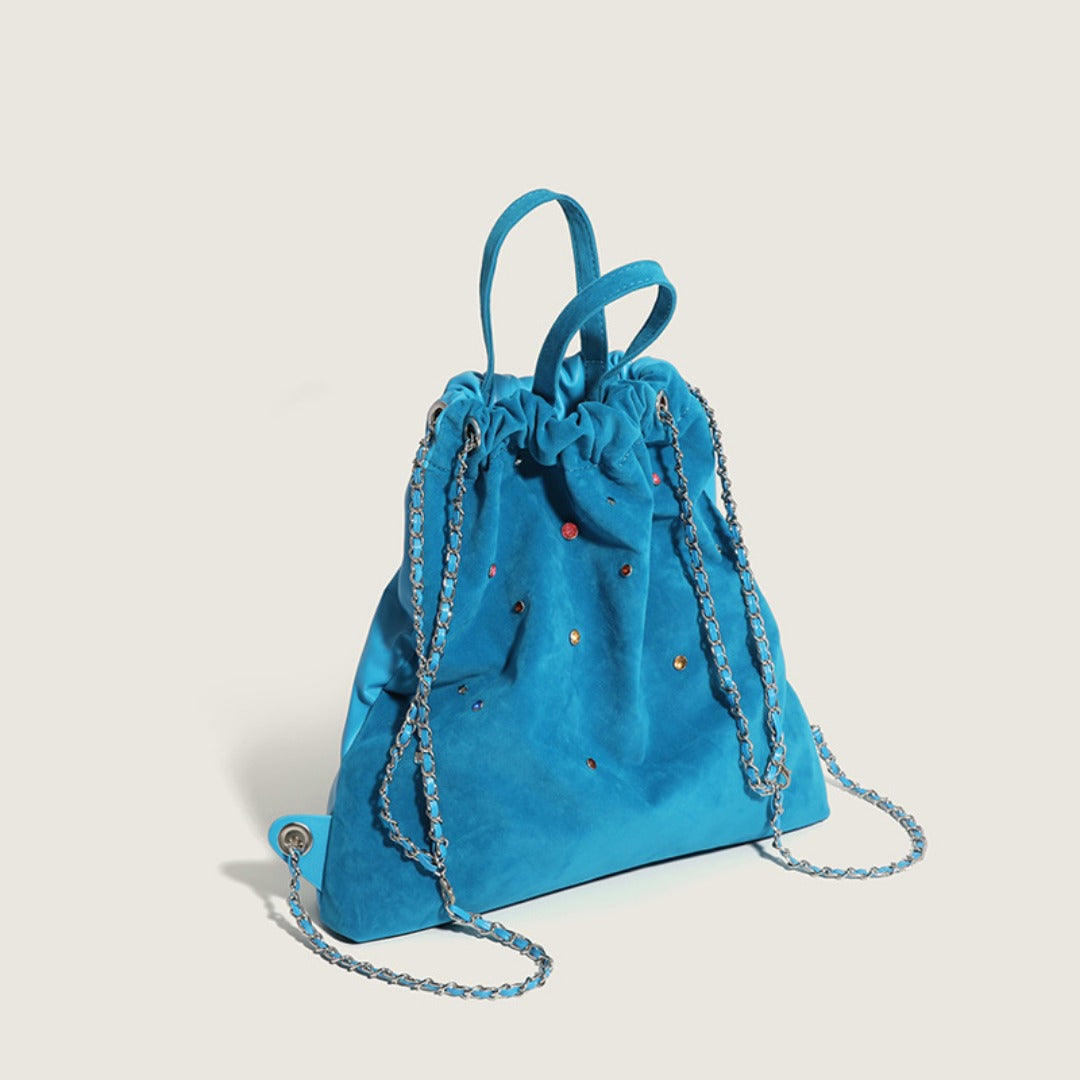 Women's bag matte suede backpack purse, splicing colored gemstone chain backpack, drawstring portable backpack