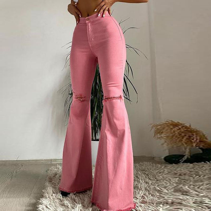 Stretch Denim Trousers With Ripped Frayed Flared Trousers