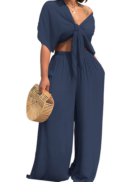 Deep V Neck Top +Wide Leg Trousers Two-piece Set