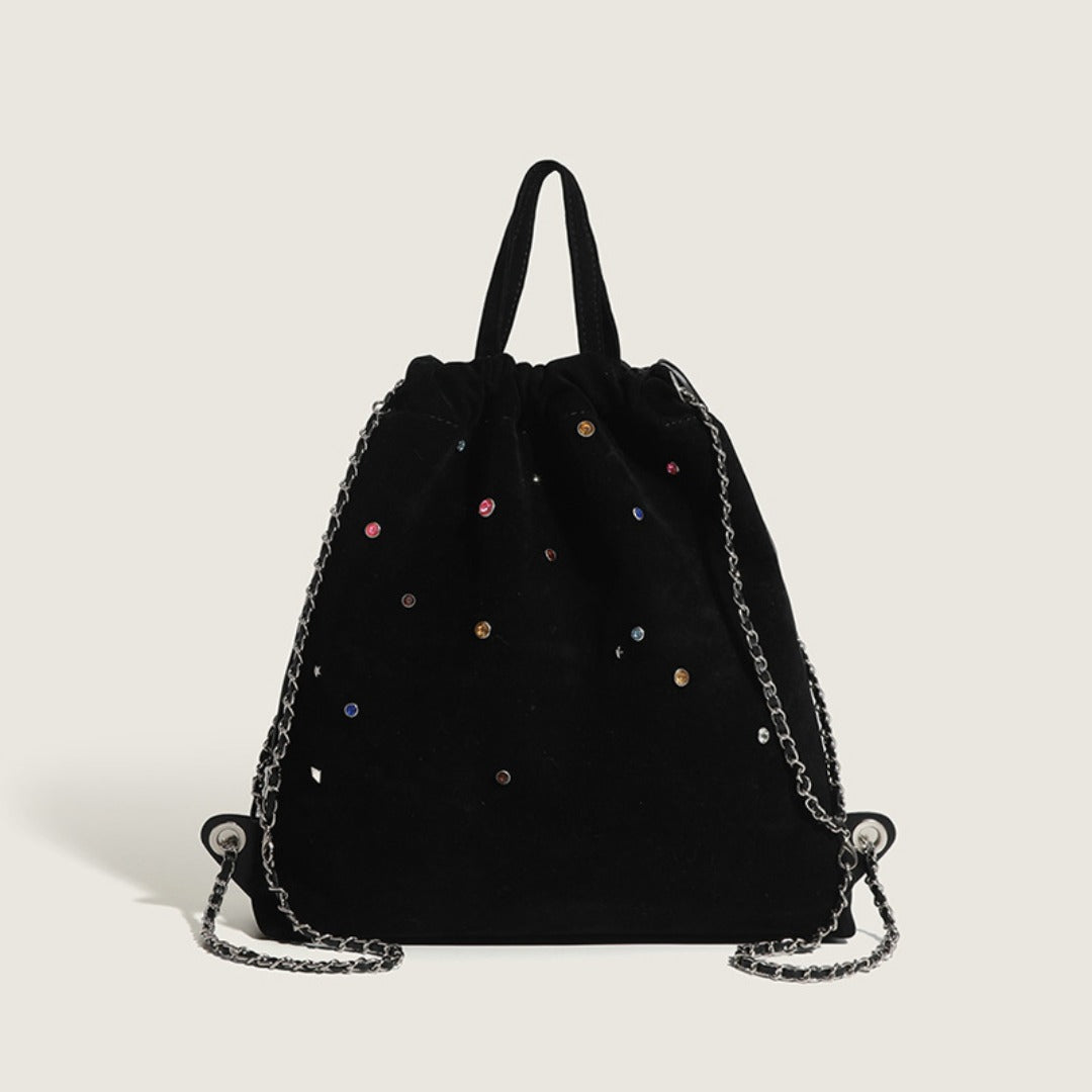 Women's bag matte suede backpack purse, splicing colored gemstone chain backpack, drawstring portable backpack