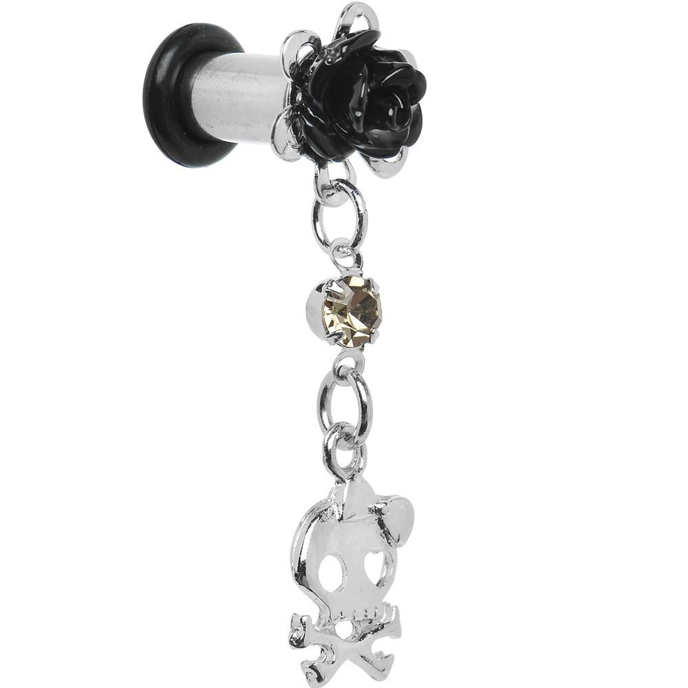 Black Rose Flower Skull Crossbones Dangle Plug Sizes 5mm to 12mm