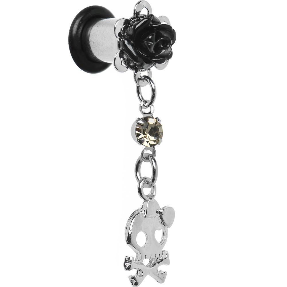 Black Rose Flower Skull Crossbones Dangle Plug Sizes 5mm to 12mm