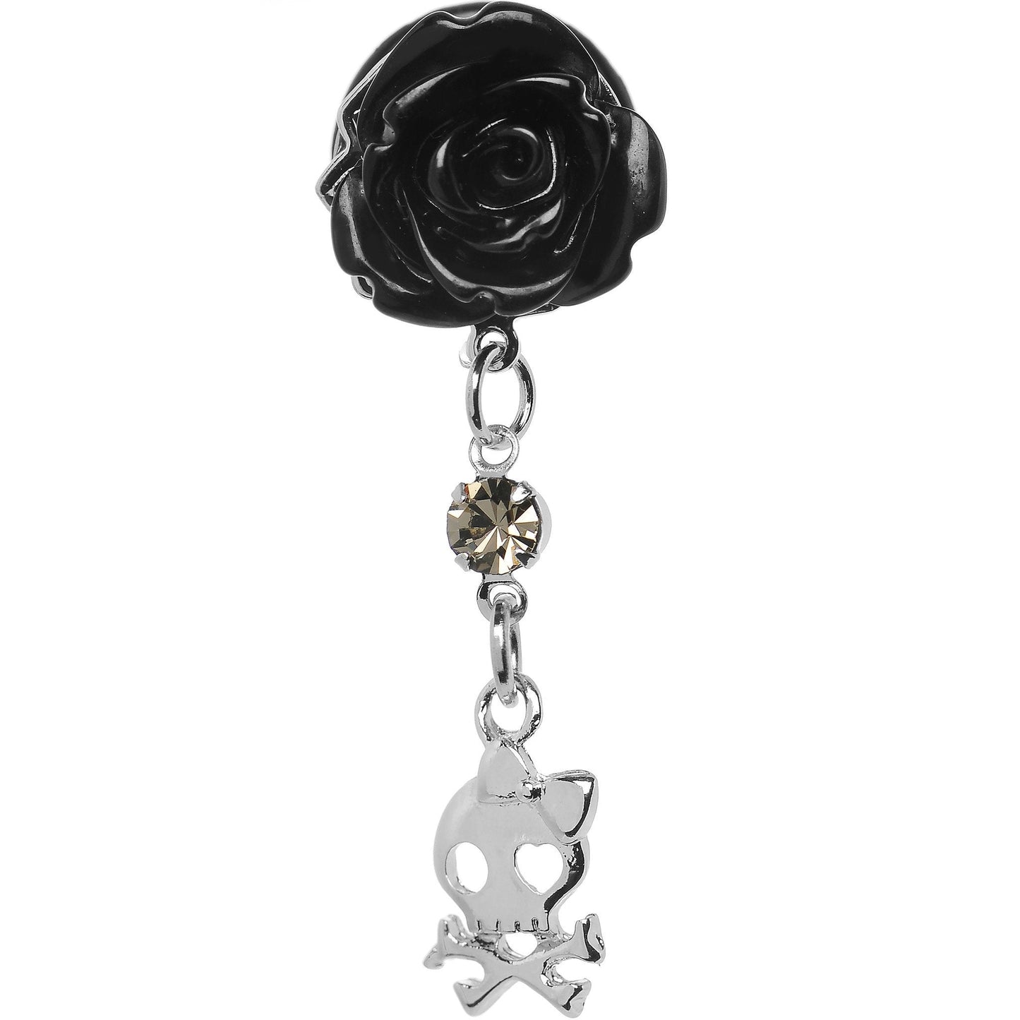 Black Rose Flower Skull Crossbones Dangle Plug Sizes 5mm to 12mm