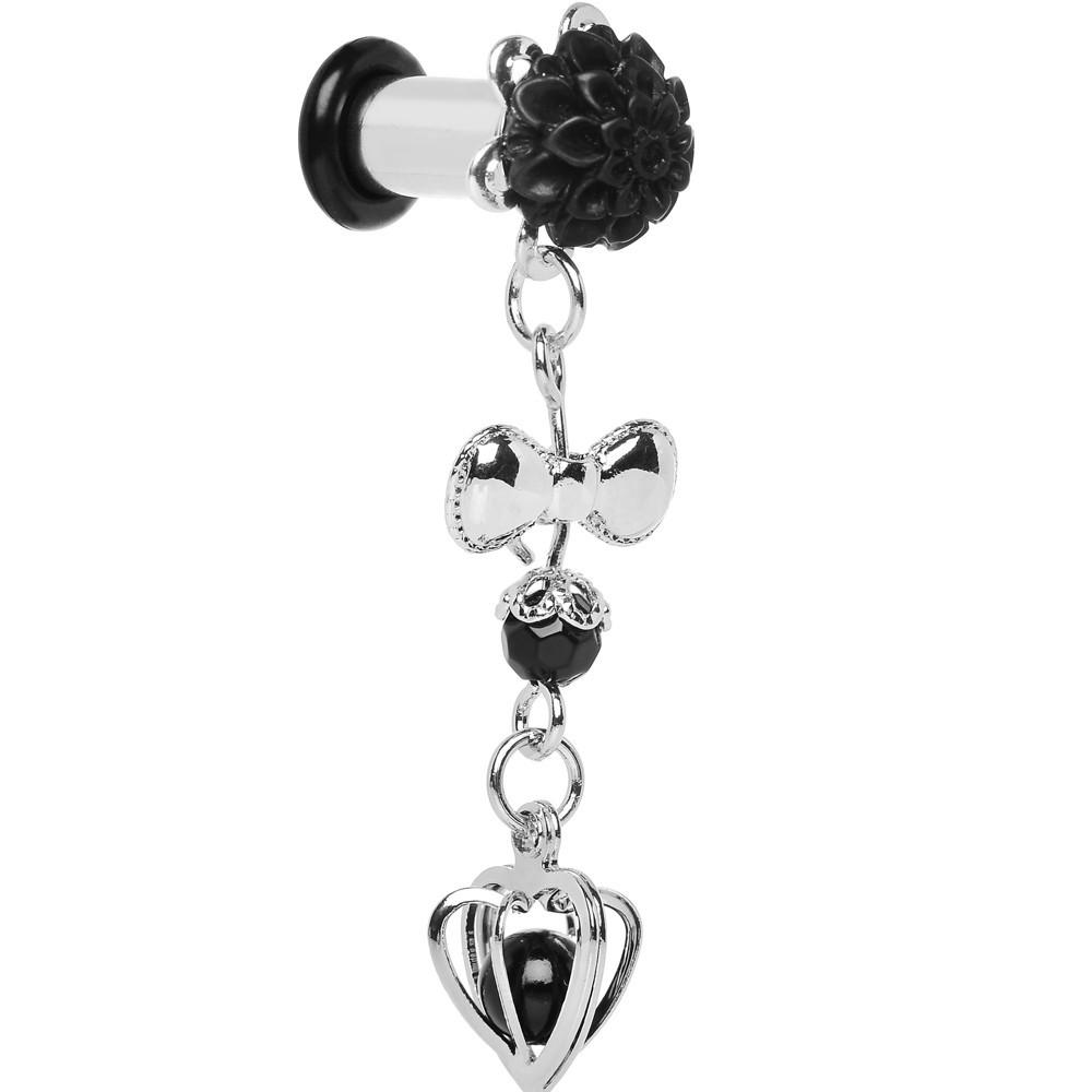 0G Black Flower Heart to Heart Dangle Plug Sizes 5mm to 12mm