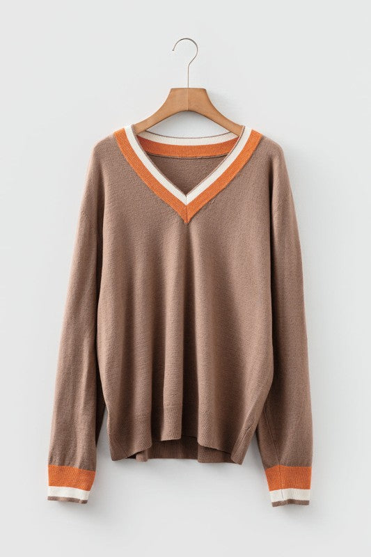 Varsity Stripe Contrast Trim V-Neck Sweater