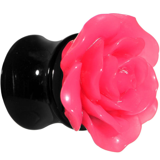 00G Acrylic Black Neon Pink Rose Flower Saddle Plug Set